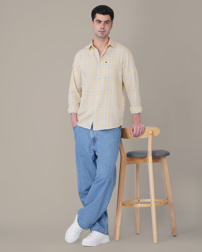 Soft Yellow Plaid Cotton Regular Fit Shirt
