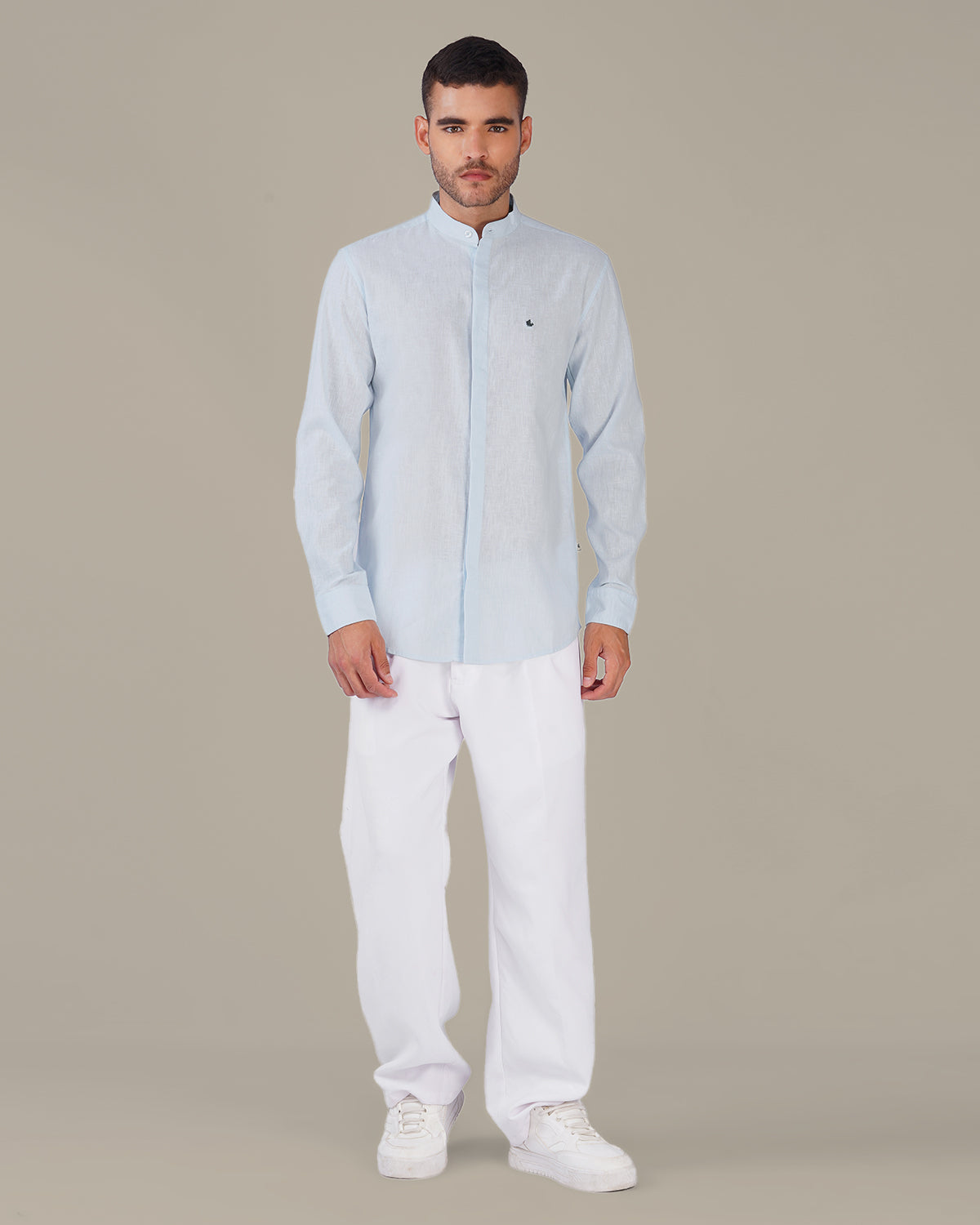 Light Blue Solid Linen Blend Mandarin Collar Shirt