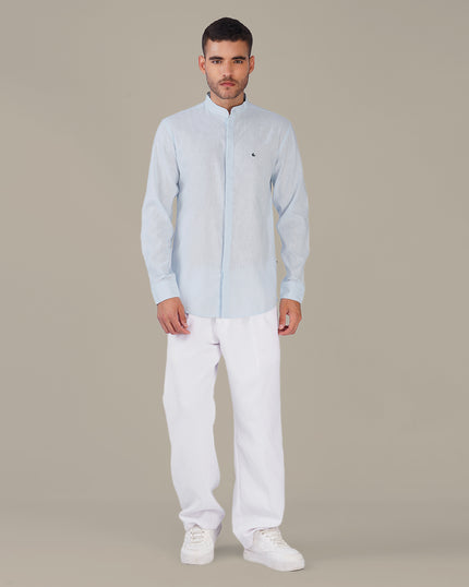 Light Blue Solid Linen Blend Mandarin Collar Shirt