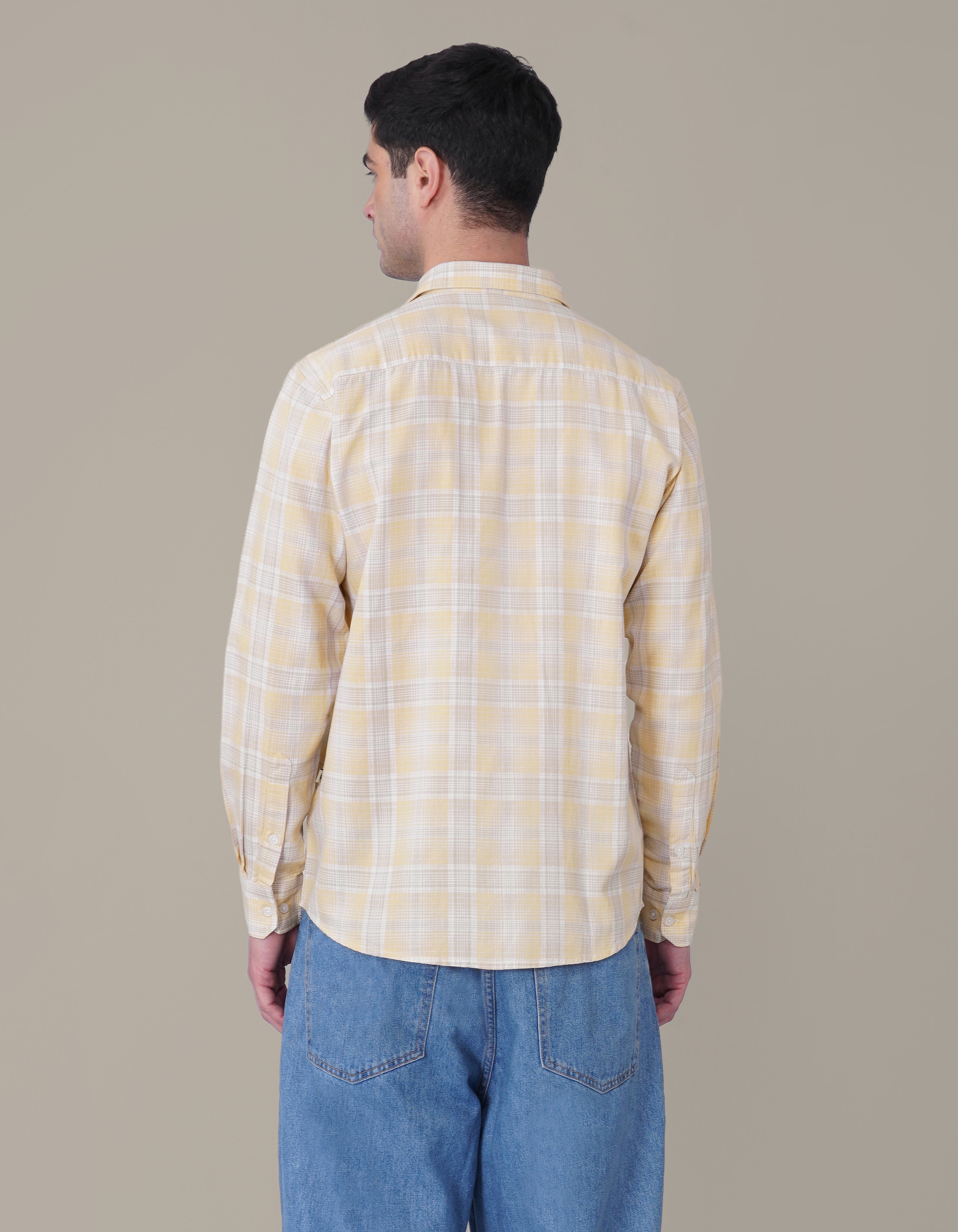 Soft Yellow Plaid Cotton Regular Fit Shirt