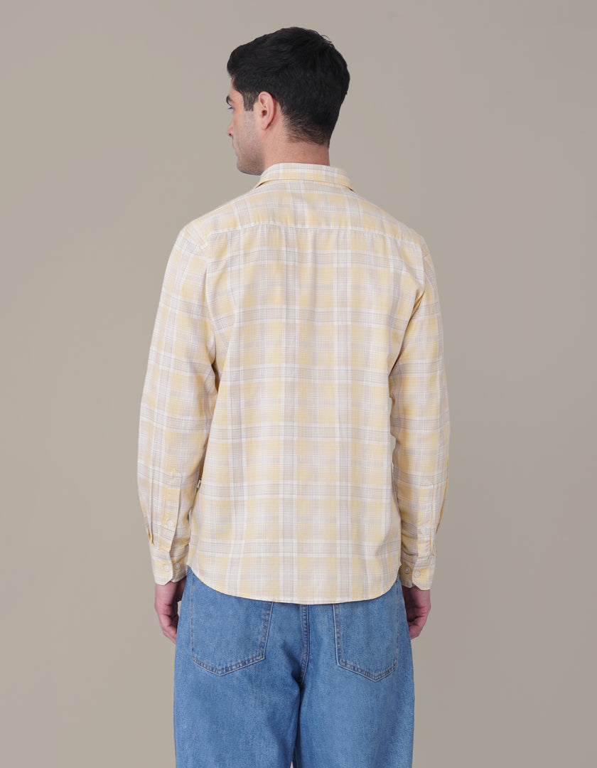 Soft Yellow Plaid Cotton Regular Fit Shirt