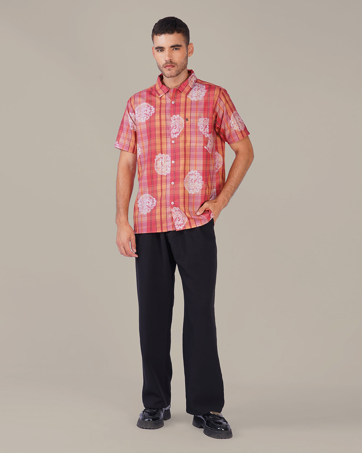 Orange Pink Plaid Polyester Regular Fit Shirt