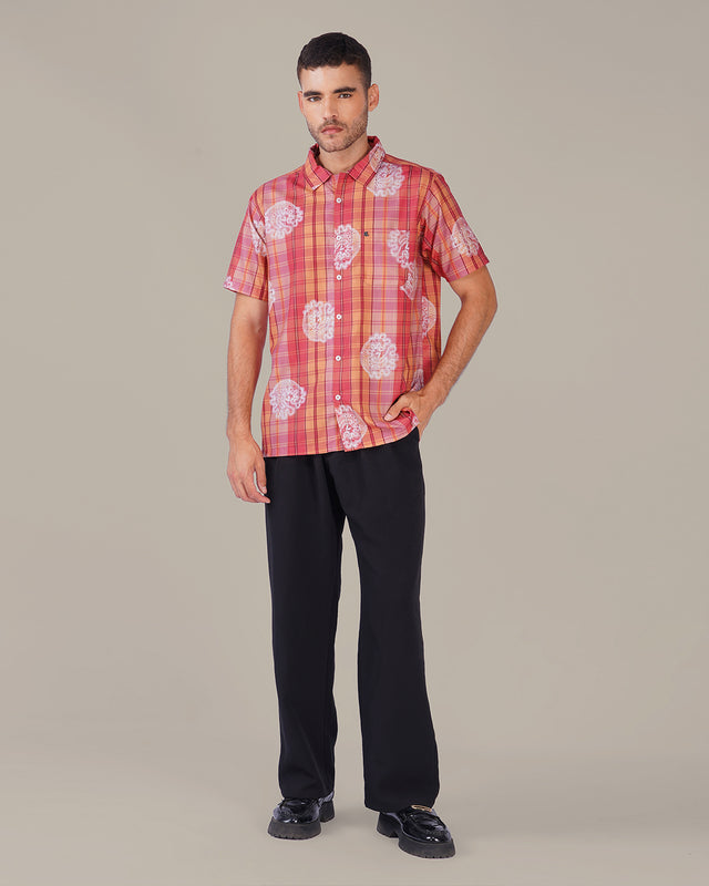 Orange Pink Plaid Polyester Regular Fit Shirt