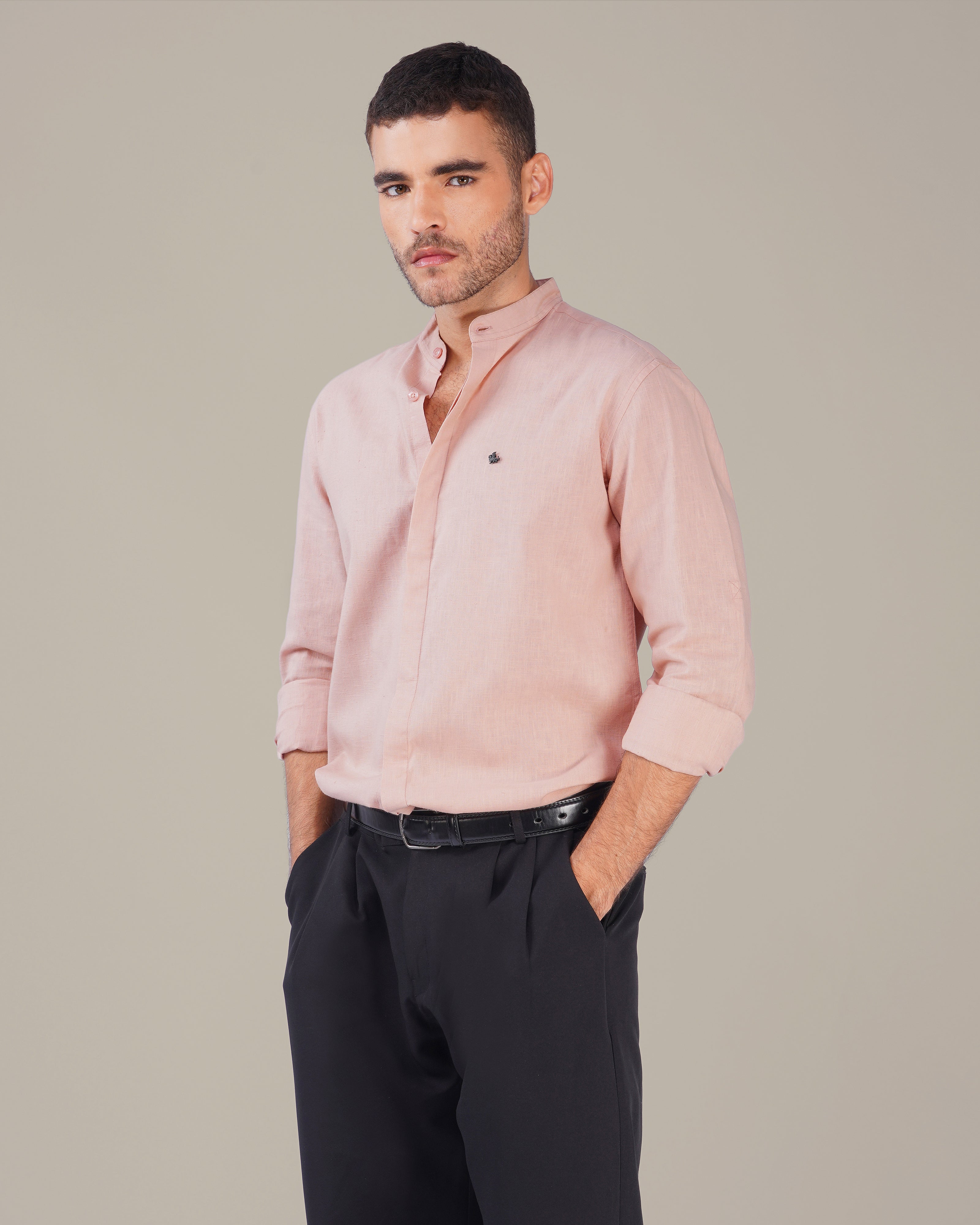 Light Pink Solid Slub Cotton Mandarin Collar Shirt