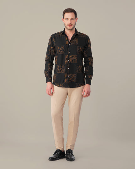 Black Floral Print Cotton-rich Linen-style Shirt