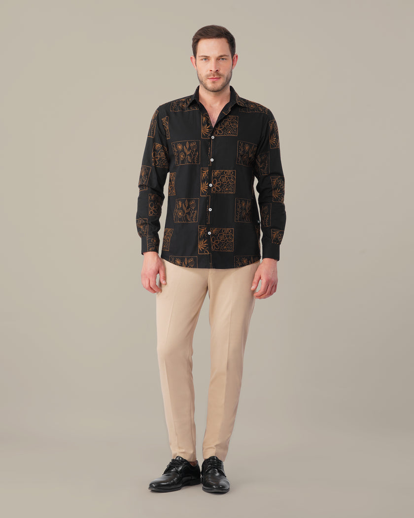 Black Floral Print Cotton-rich Linen-style Shirt