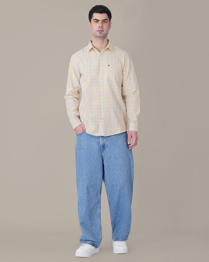 Soft Yellow Plaid Cotton Regular Fit Shirt