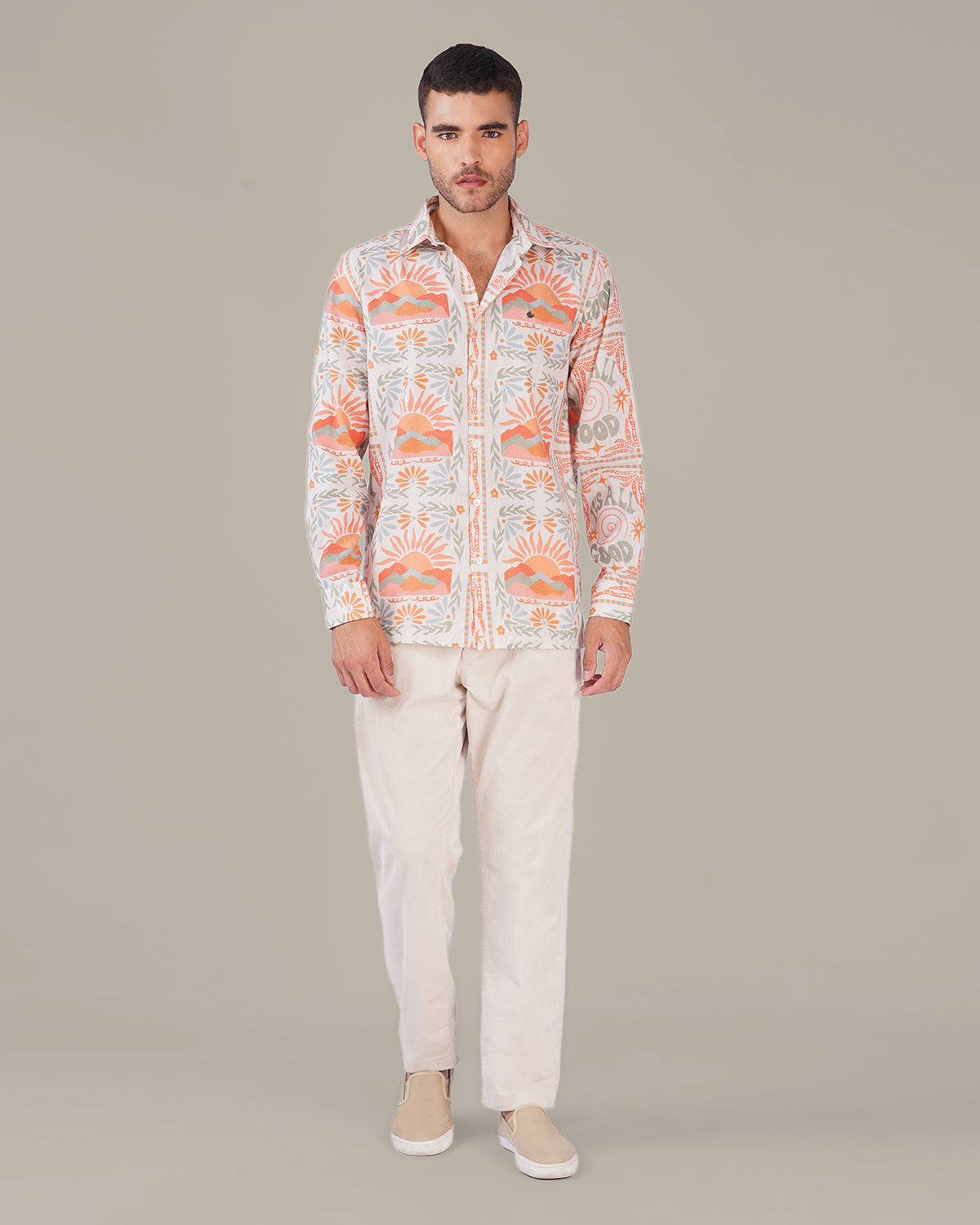 Multicolor Graphic Print Linen Blend Regular Fit Shirt