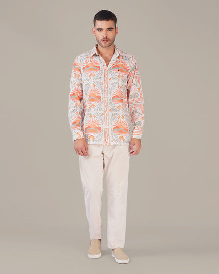Multicolor Graphic Print Linen Blend Regular Fit Shirt