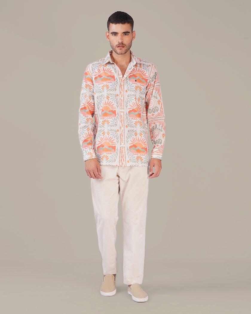 Multicolor Graphic Print Linen Blend Regular Fit Shirt