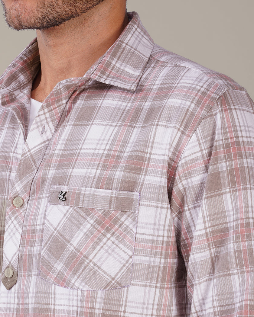 Gray Pink Plaid Cotton Slub Classic Fit Shirt