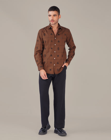 Brown Botanical Print Linen Blend Regular Fit Shirt