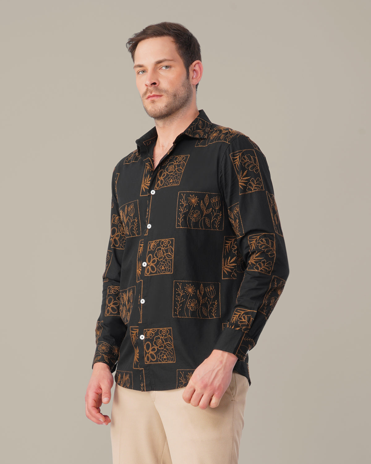 The Black Embroidered Shirt - Cotton Rich · Regular Fit