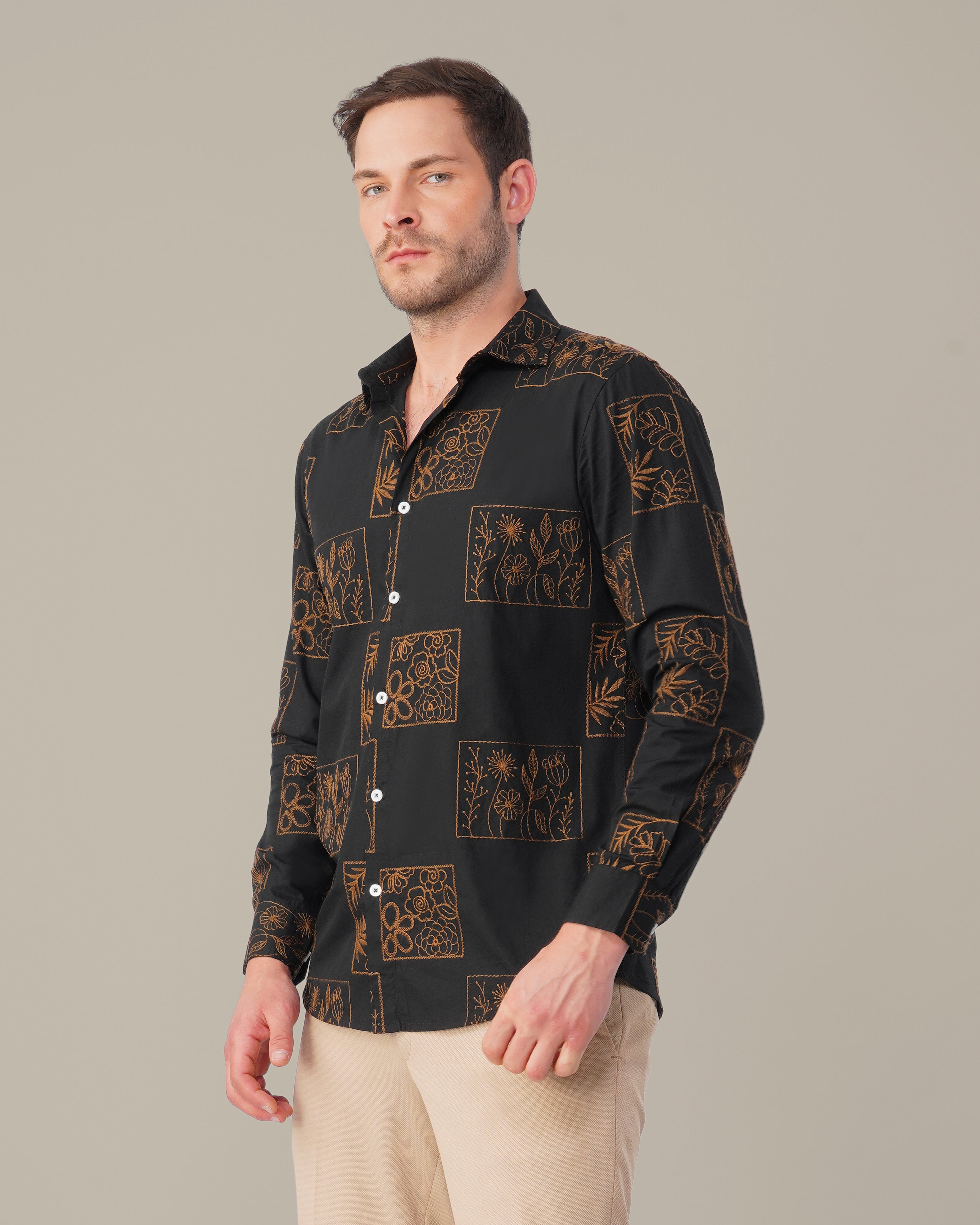 Black Floral Print Cotton-rich Linen-style Shirt