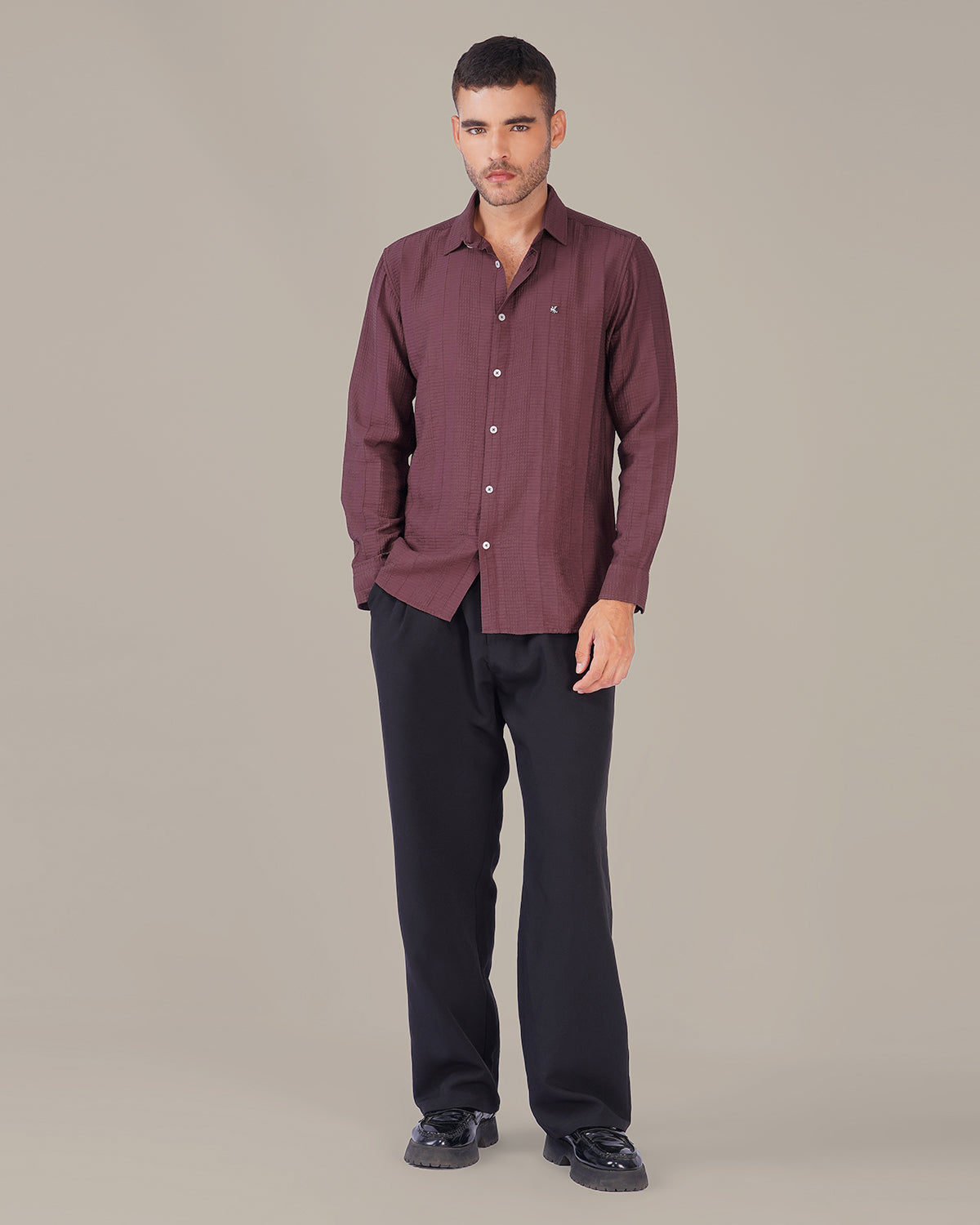 Deep Plum Textured Polyester Viscose Classic Fit Shirt