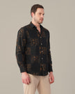 Black Floral Print Cotton-rich Linen-style Shirt