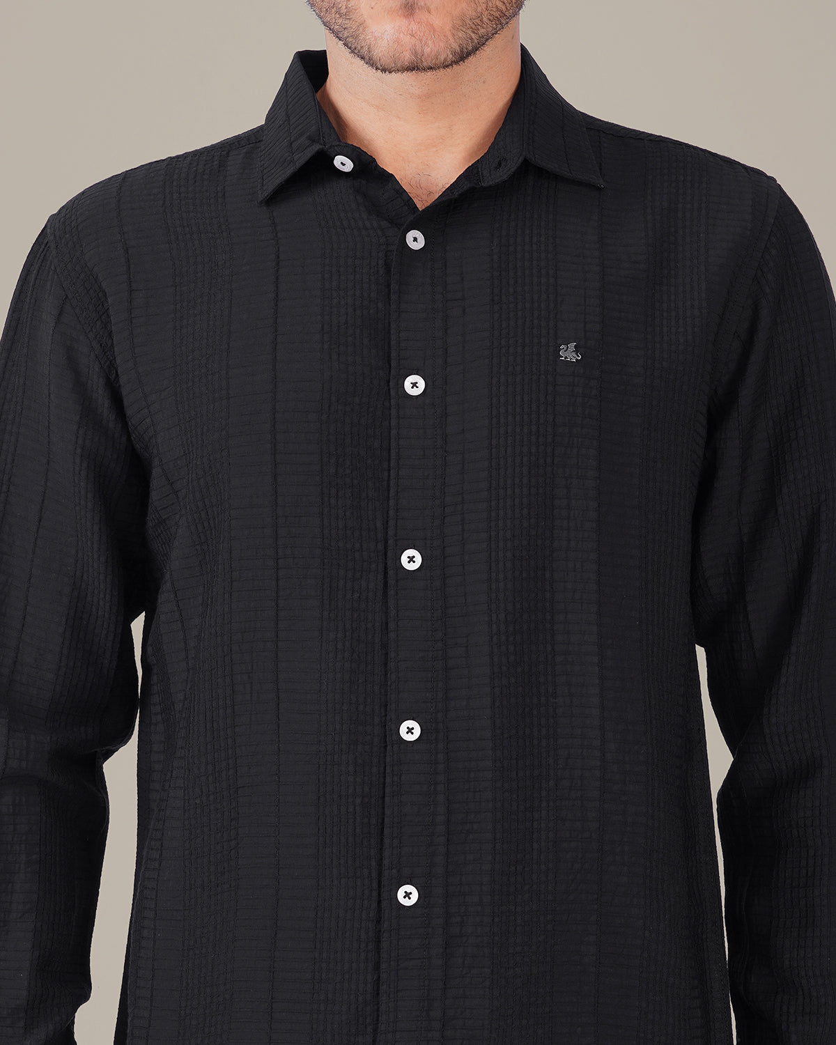Charcoal Textured Polyester Viscose Blend Regular Fit Shirt