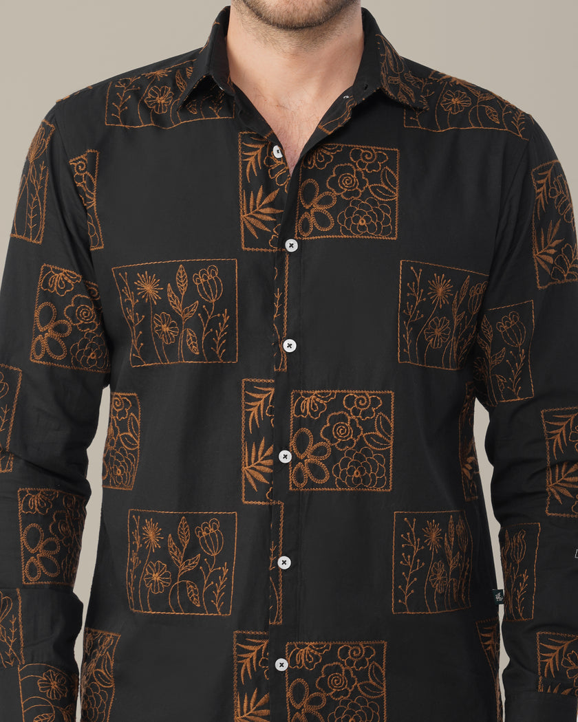 Black Floral Print Cotton-rich Linen-style Shirt