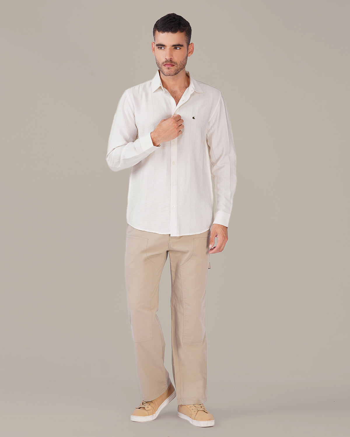 White Textured Polyester Viscose Regular Fit Shirt