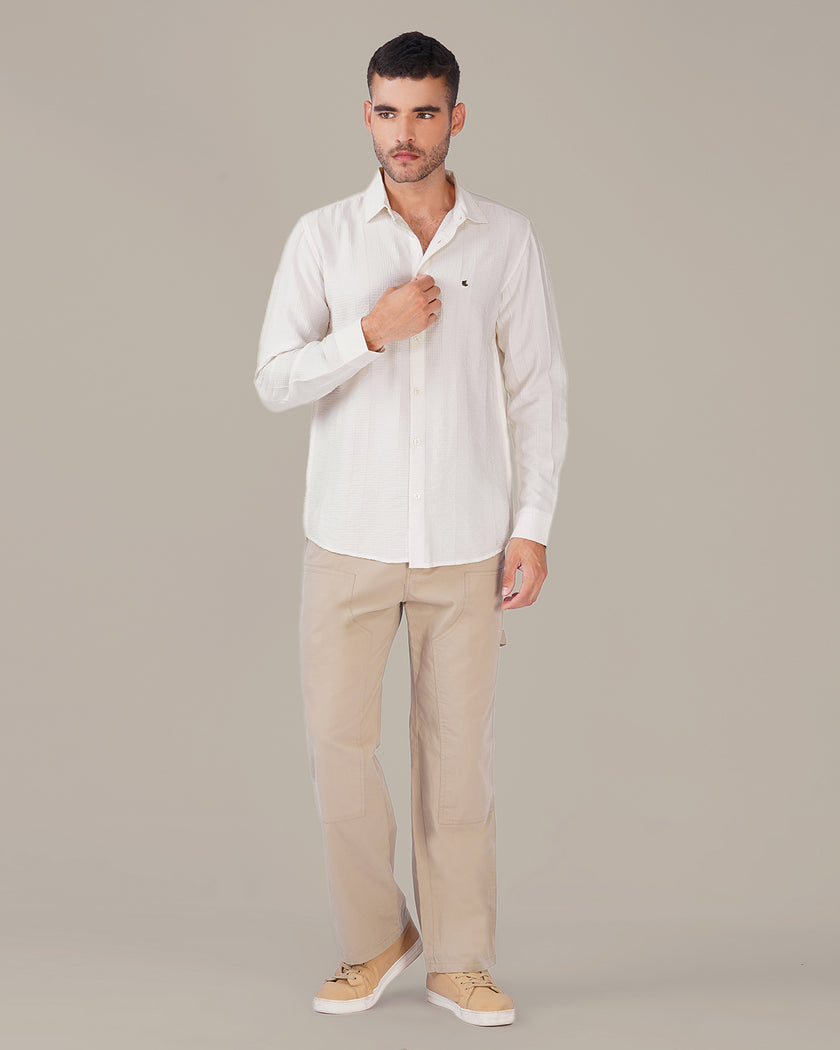 White Textured Polyester Viscose Regular Fit Shirt