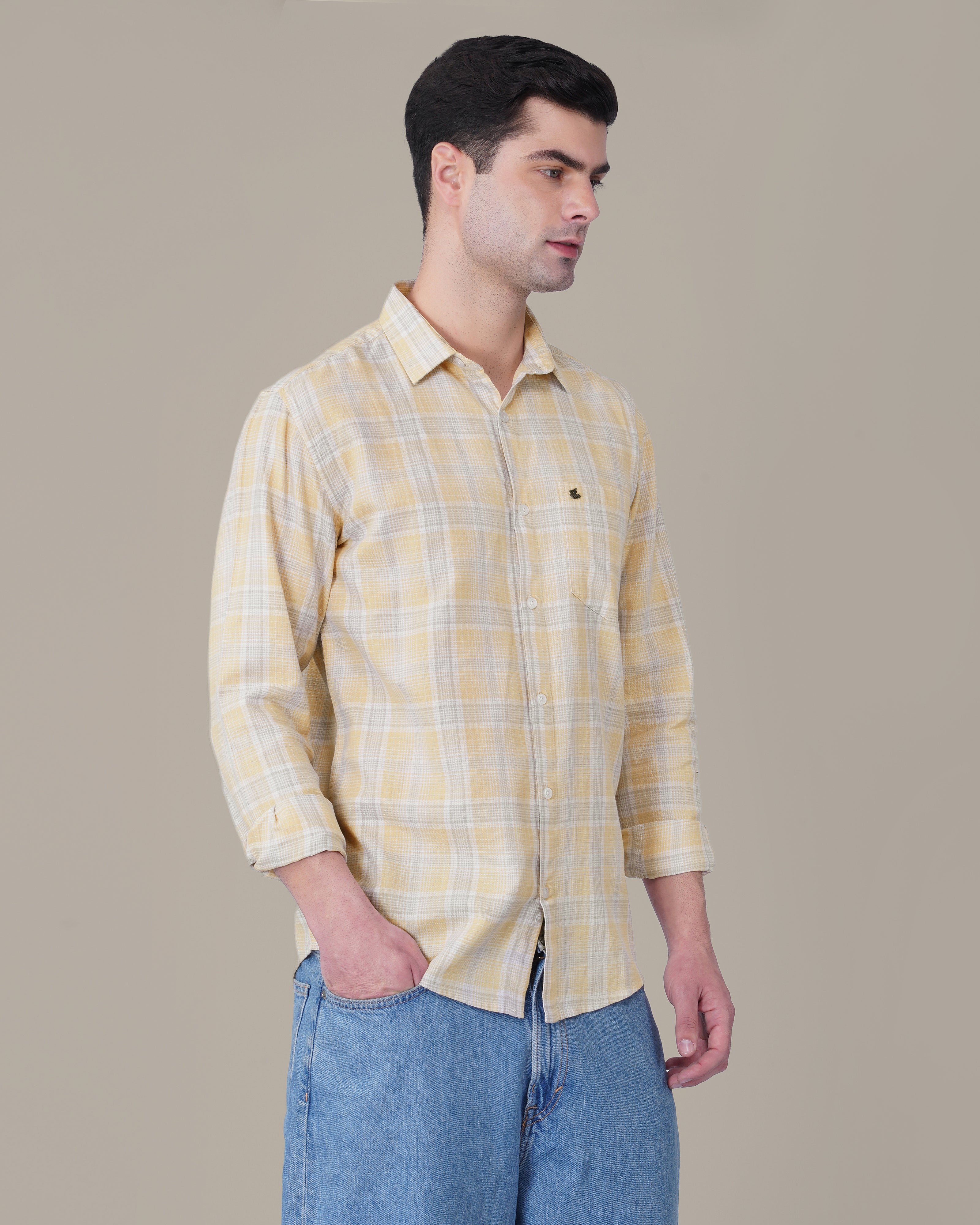 Soft Yellow Plaid Cotton Regular Fit Shirt