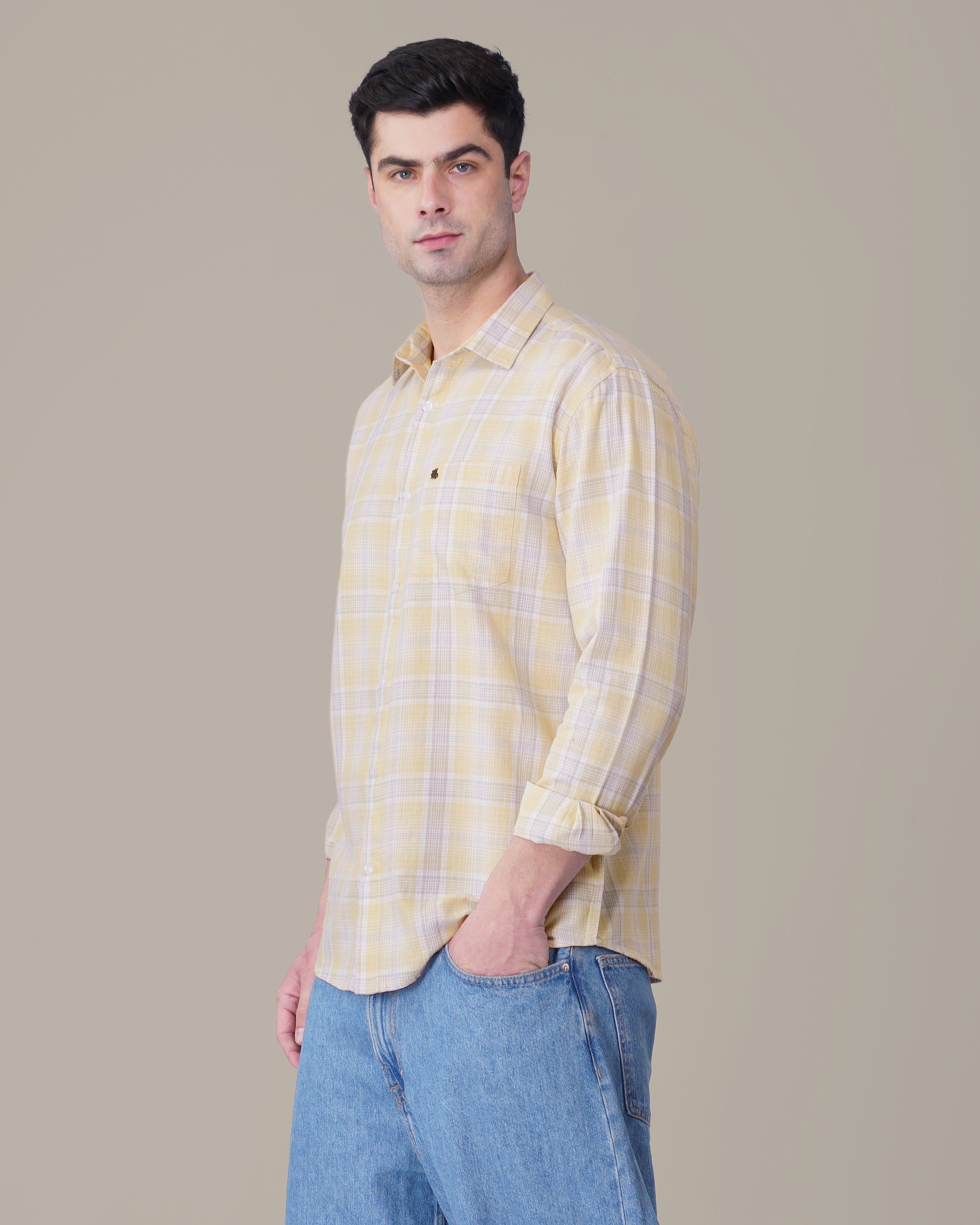 Soft Yellow Plaid Cotton Regular Fit Shirt