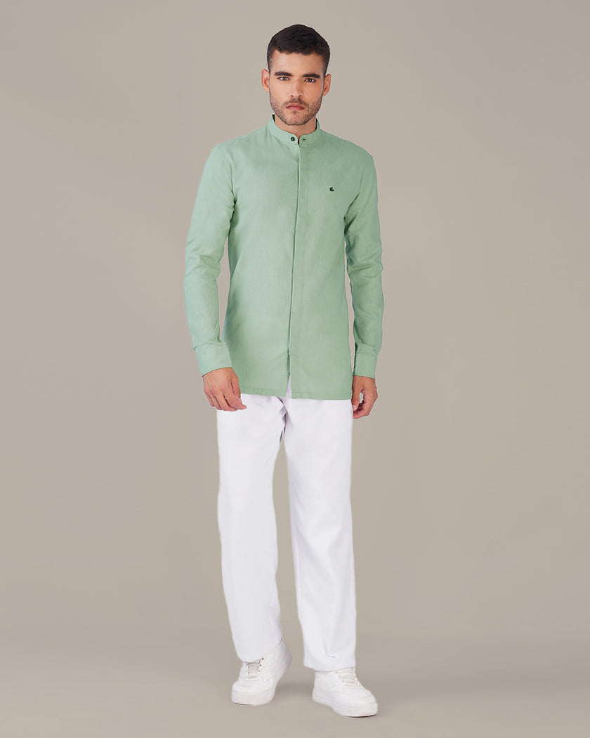 Mint Green Solid Linen Blend Mandarin Collar Shirt