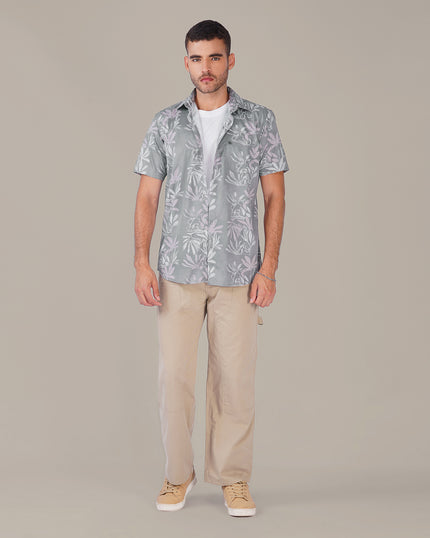 Gray Floral Print Cotton-Polyester Blend Classic Fit Shirt