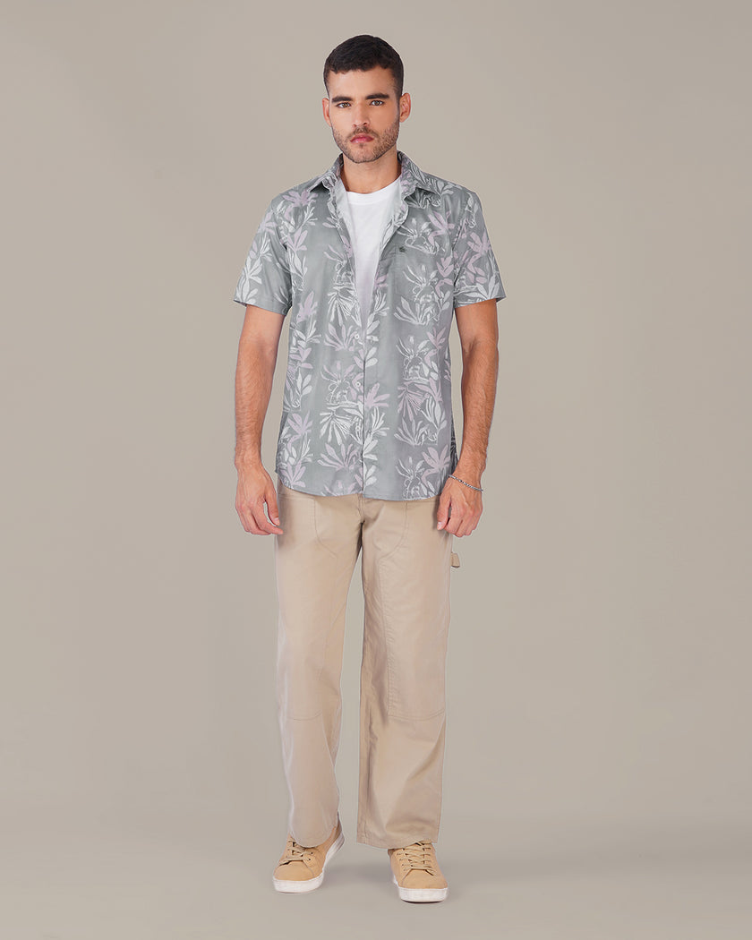 Gray Floral Print Cotton-Polyester Blend Classic Fit Shirt