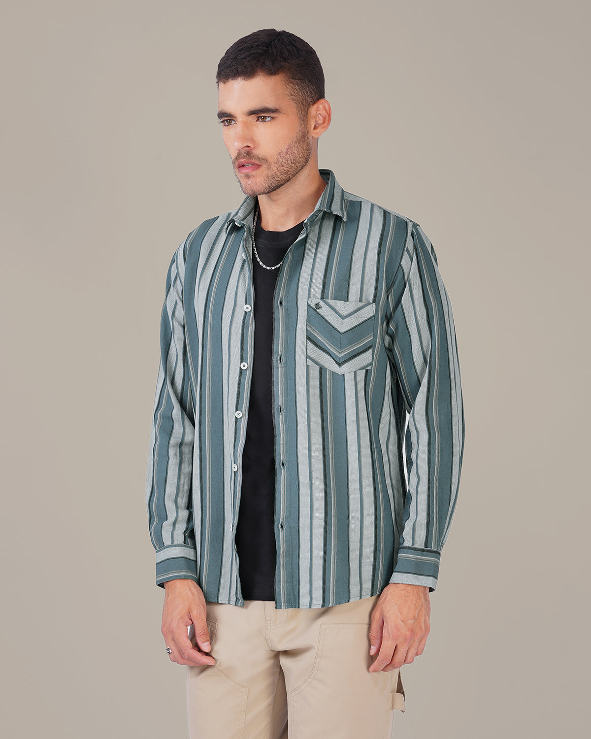 Teal and Gray Striped Cotton Slub Regular Fit Shirt