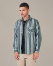 Teal and Gray Striped Cotton Slub Regular Fit Shirt