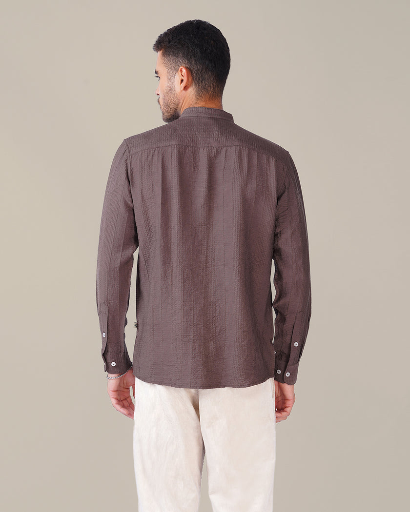 Taupe Textured Polyester Viscose Mandarin Collar Shirt