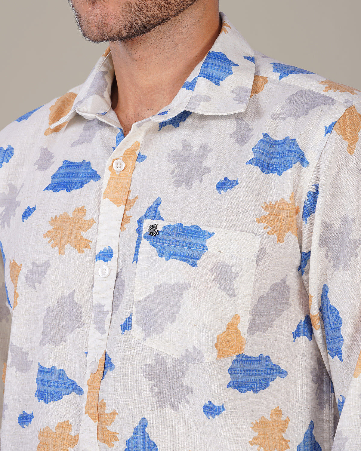Off-White Abstract Print Linen Blend Regular Fit Shirt