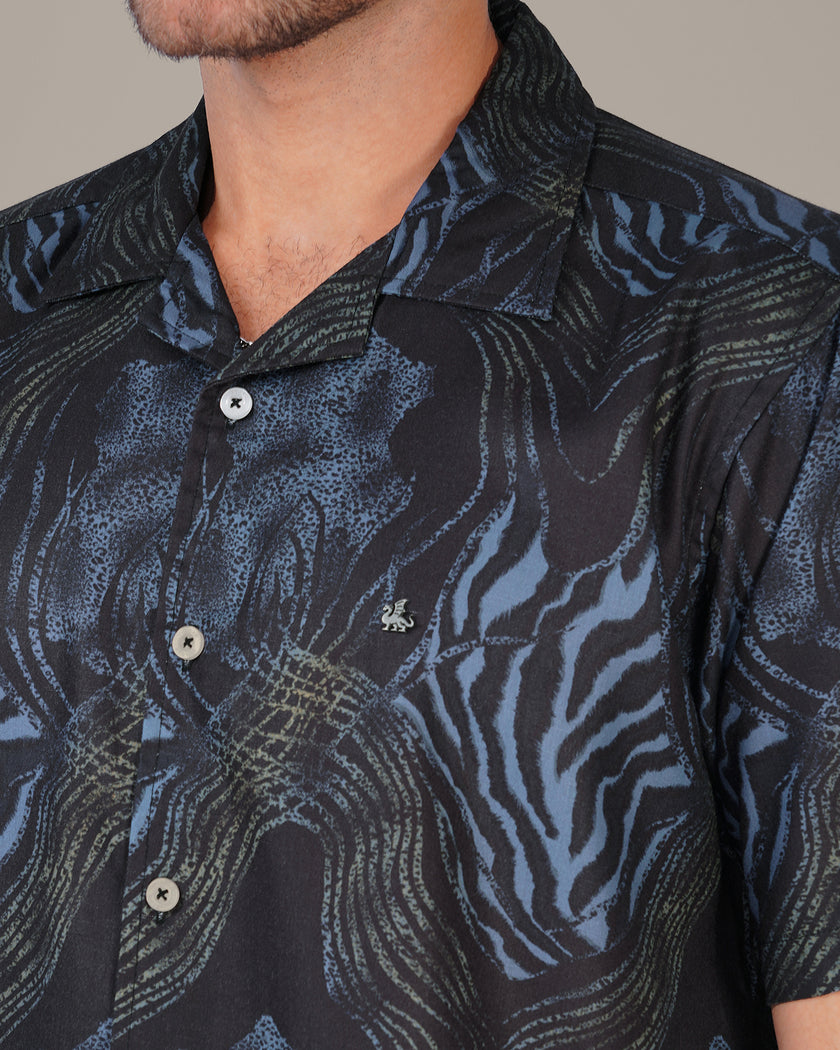 Black Abstract Pattern Polyester Relaxed Fit Shirt