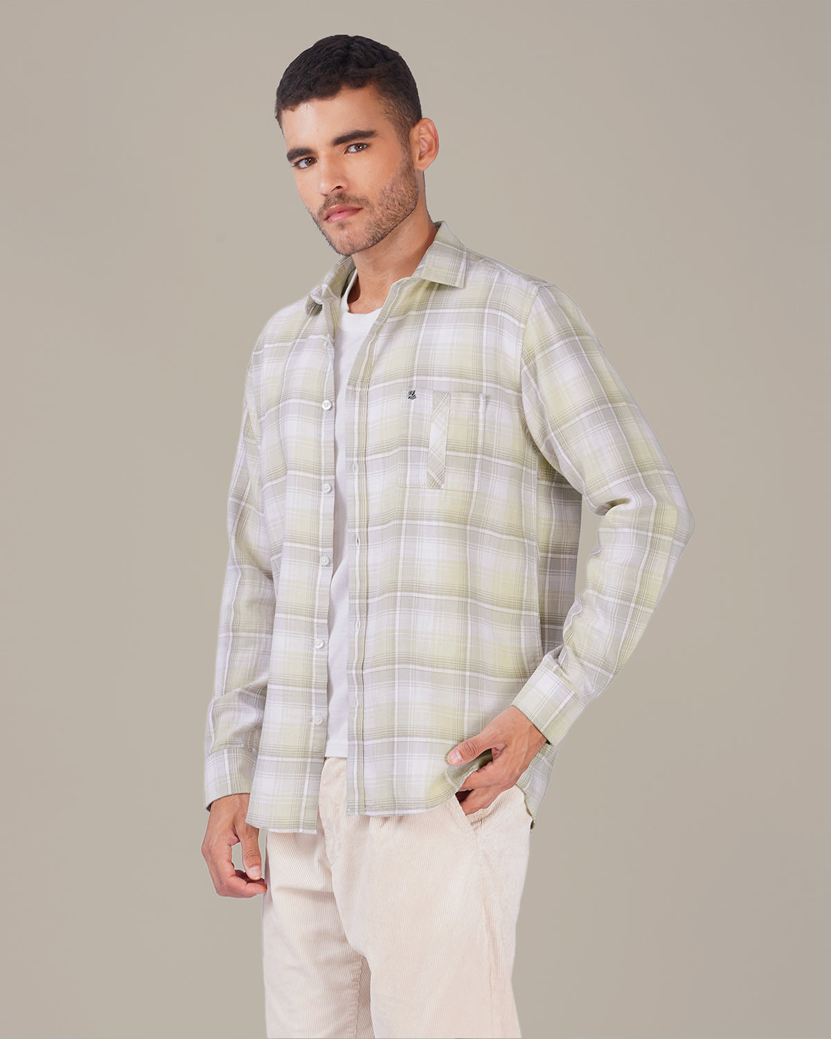 Beige and Gray Plaid Cotton Button-Down Shirt