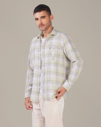 Beige and Gray Plaid Cotton Button-Down Shirt