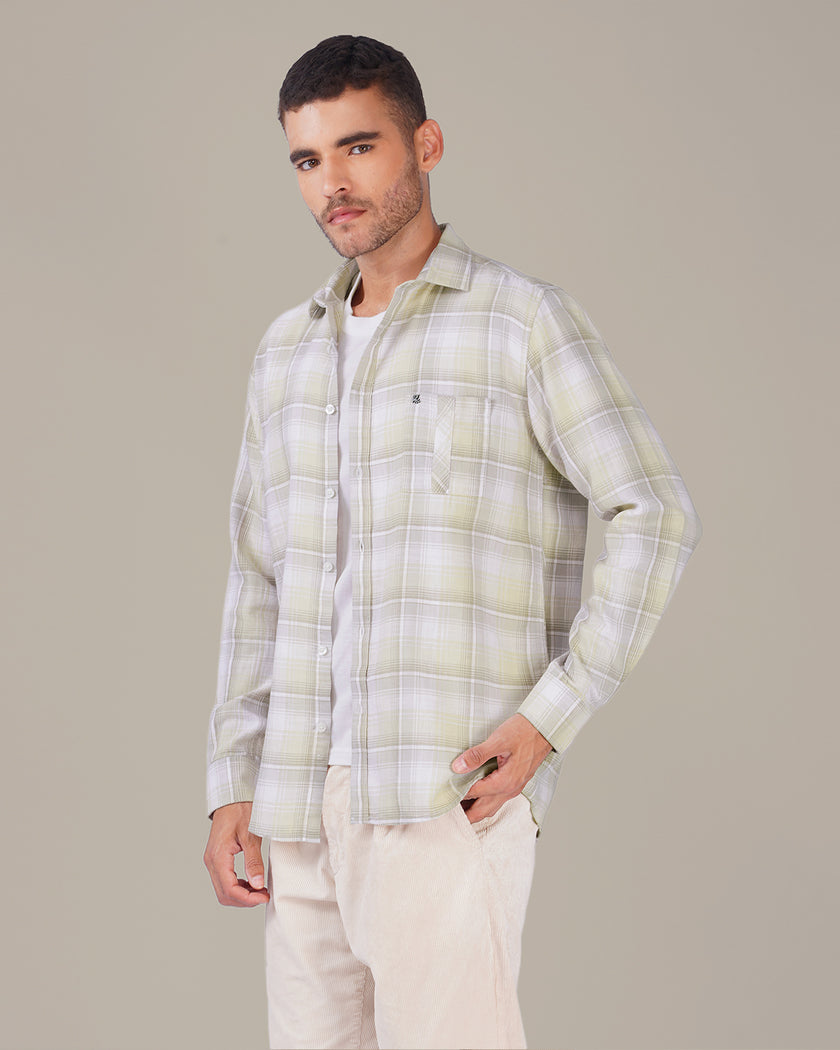 Beige and Gray Plaid Cotton Button-Down Shirt