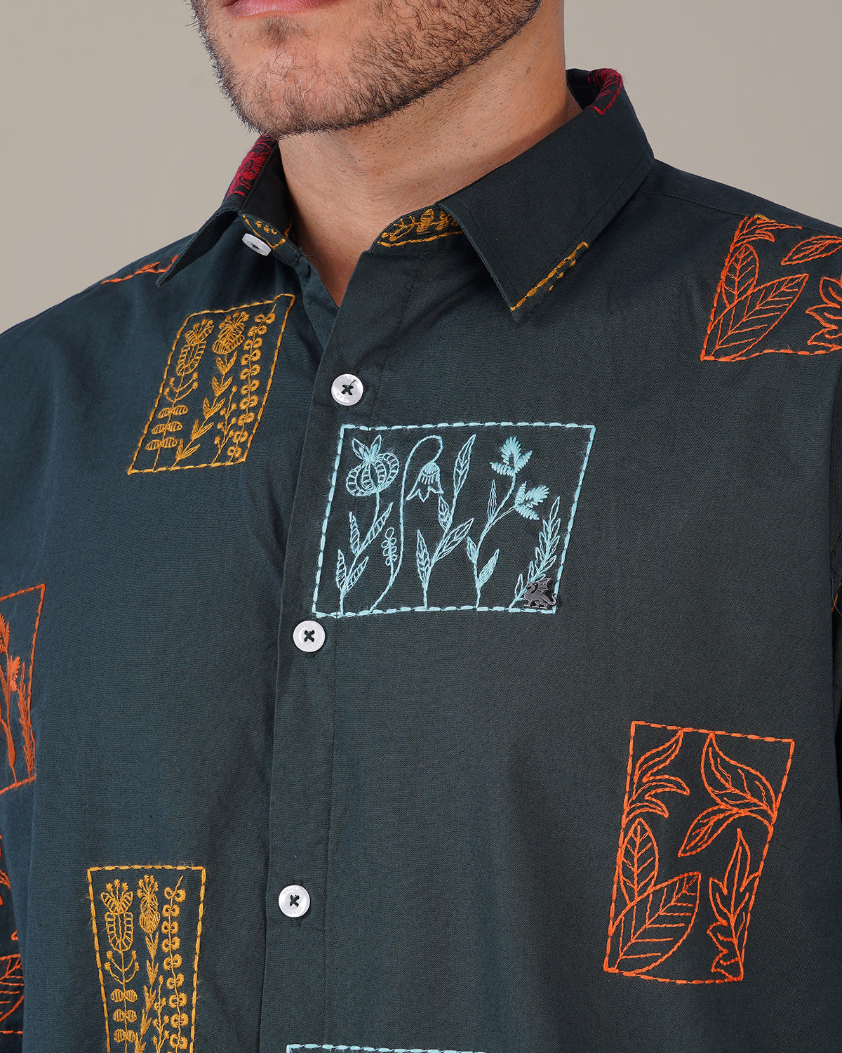Dark Green Floral Embroidery Linen-Cotton Blend Regular Fit Shirt