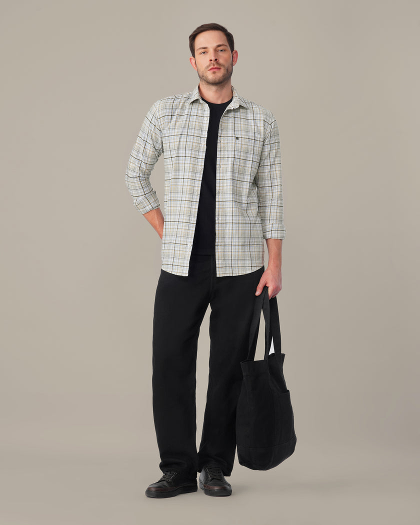 Yellow Blue Checkered Linen Cotton Blend Classic Collar Shirt