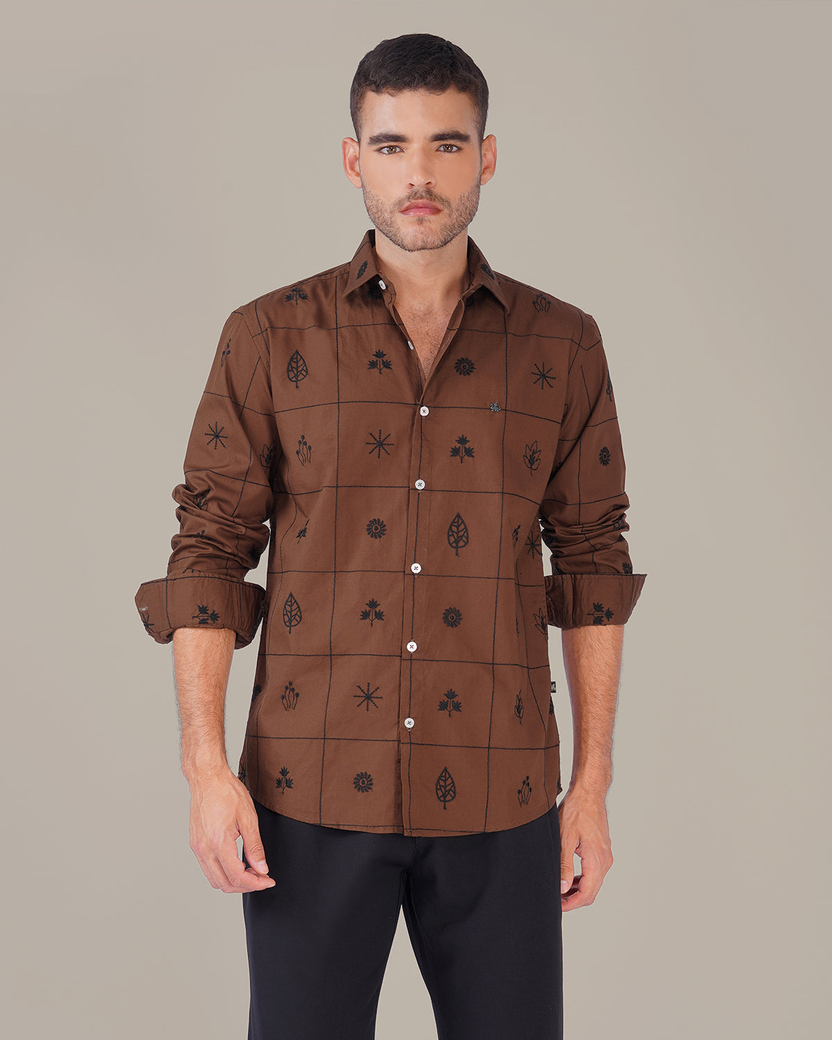 Brown Botanical Print Linen Blend Regular Fit Shirt