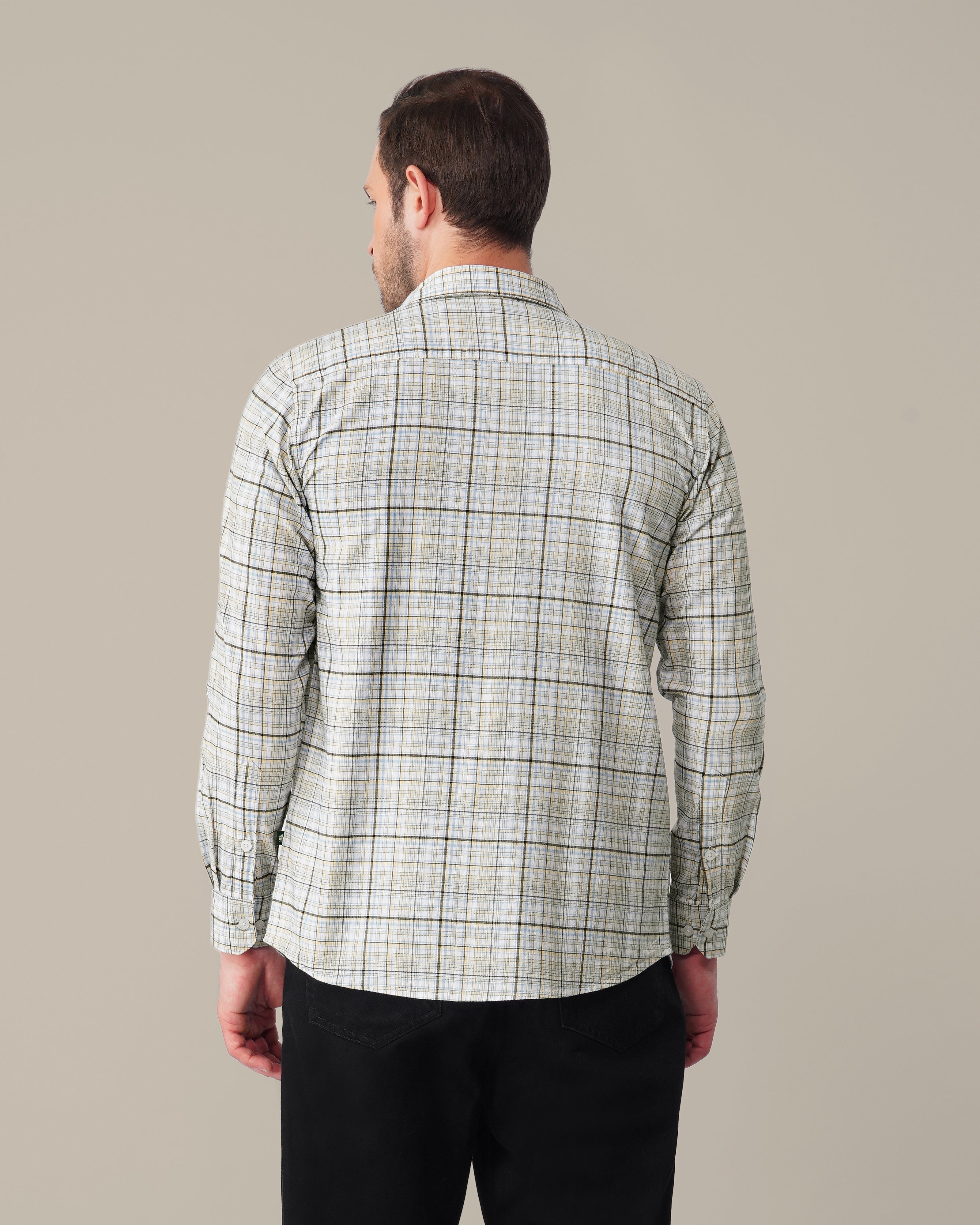 Yellow Blue Checkered Linen Cotton Blend Classic Collar Shirt