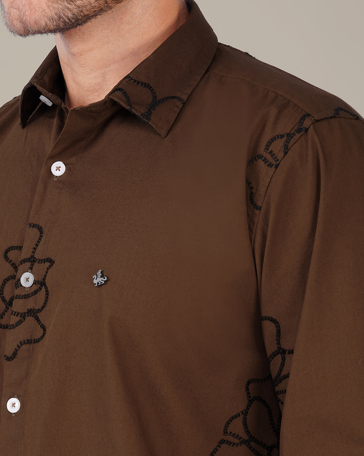 Brown Floral Pattern Linen-Cotton Blend Regular Fit Shirt