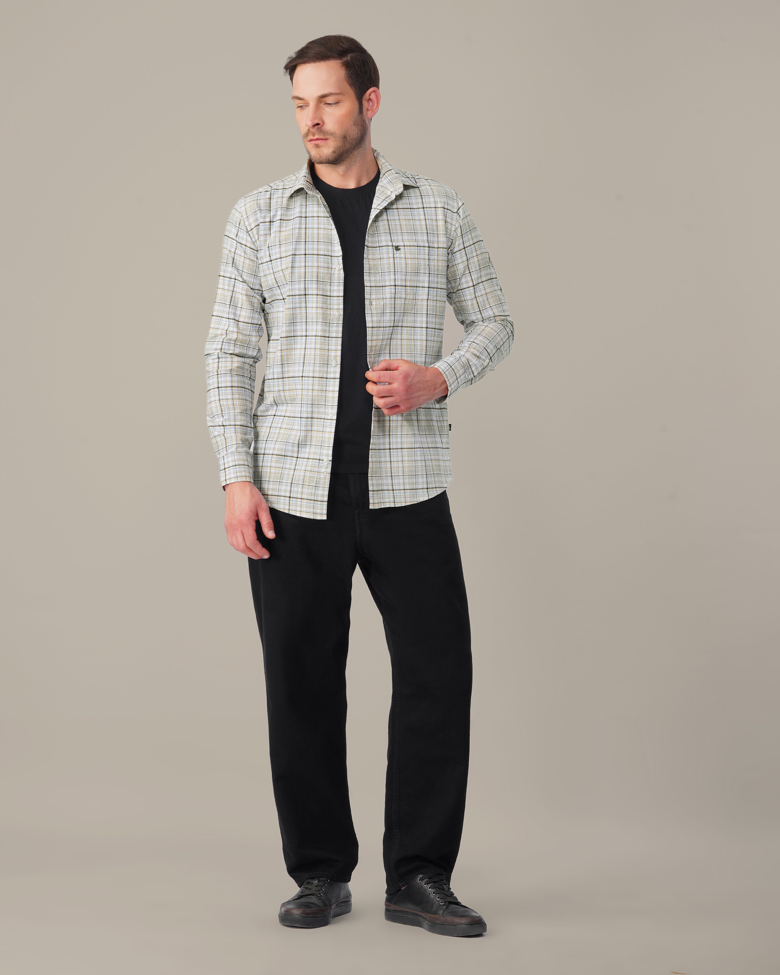 Yellow Blue Checkered Linen Cotton Blend Classic Collar Shirt
