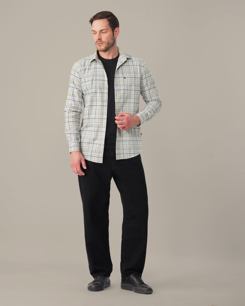 Yellow Blue Checkered Linen Cotton Blend Classic Collar Shirt