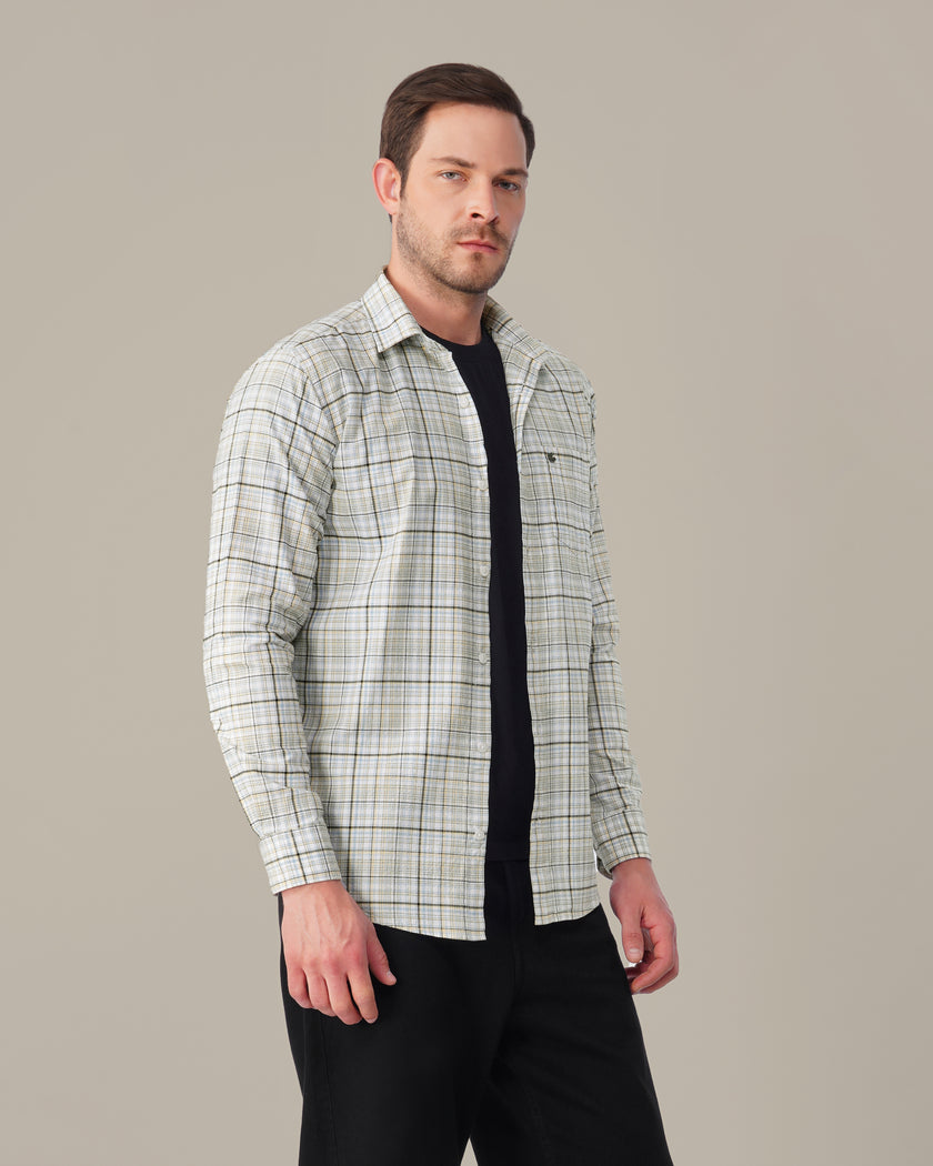 Yellow Blue Checkered Linen Cotton Blend Classic Collar Shirt