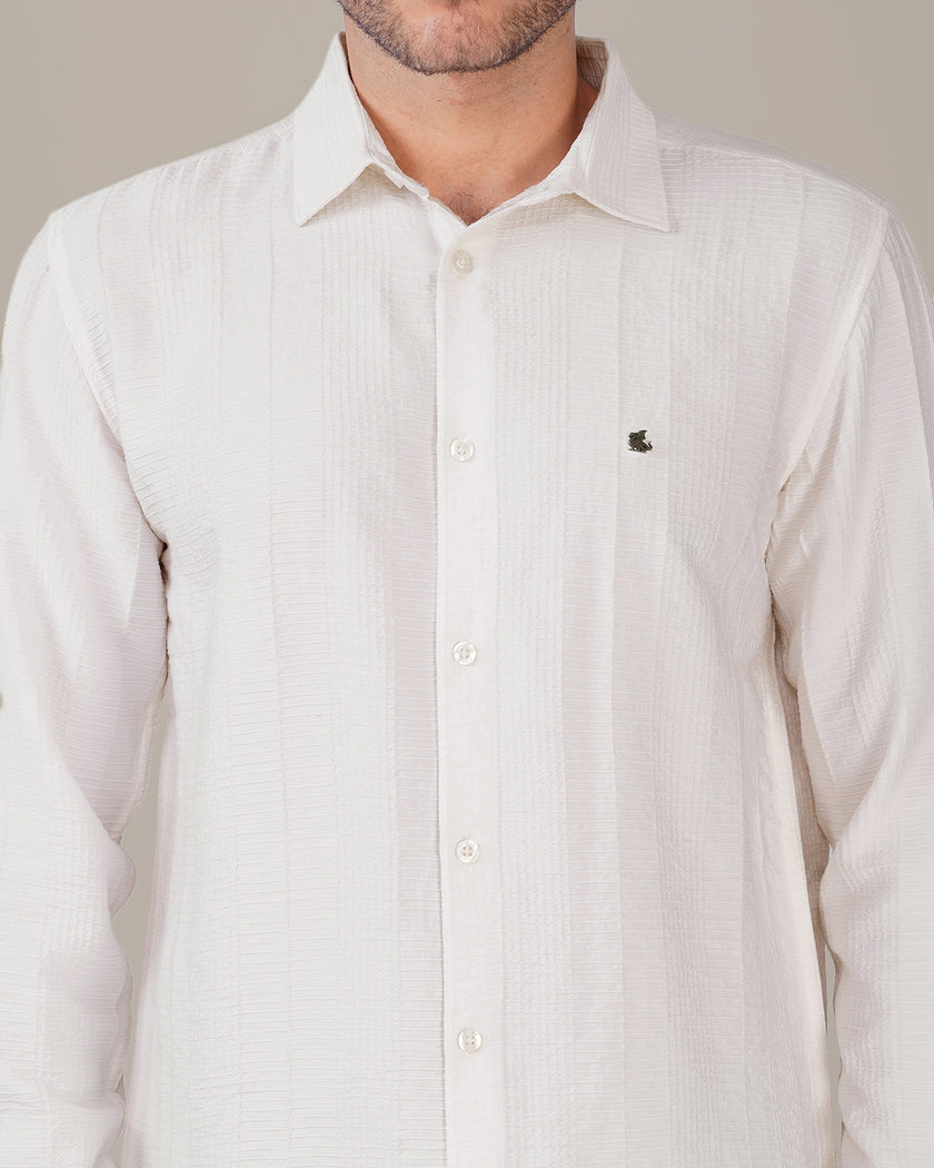 White Textured Polyester Viscose Regular Fit Shirt