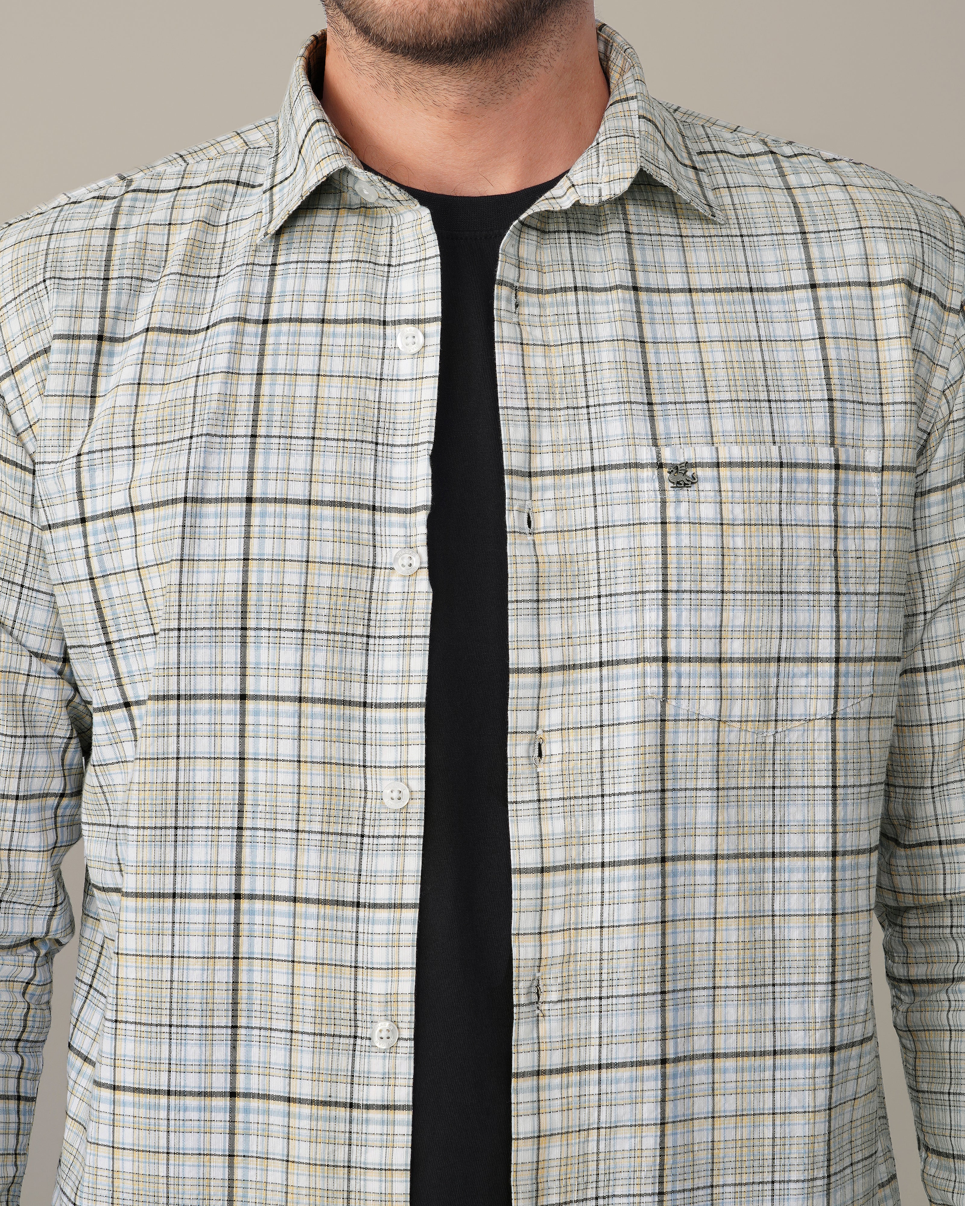 Yellow Blue Checkered Linen Cotton Blend Classic Collar Shirt