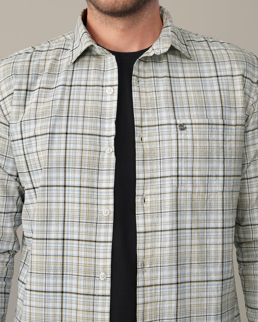 Yellow Blue Checkered Linen Cotton Blend Classic Collar Shirt