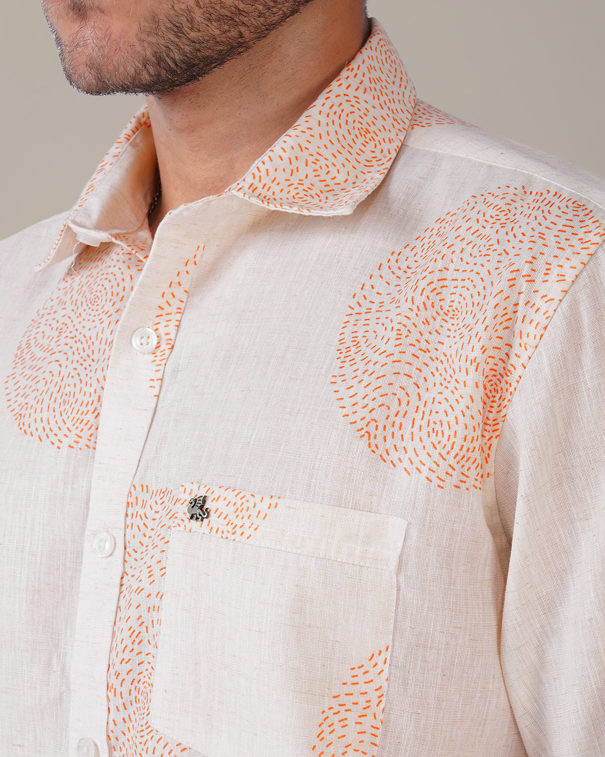 Off-White Patterned Linen Blend Regular Fit Shirt