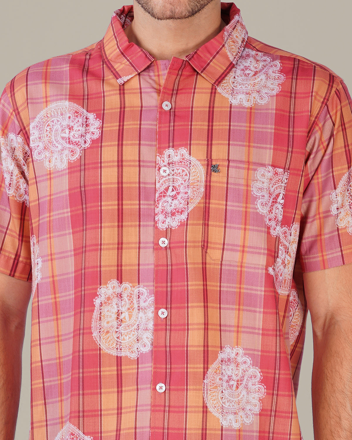 Orange Pink Plaid Polyester Regular Fit Shirt